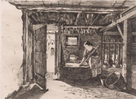 Woman at work in a stable, print, annotation: '1. Etat', printmaker: Willem Albracht (signed by