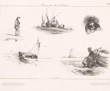 Fishermen and fishing boats on the beach, Macédoine (bateaux et pêcheurs), Sketches by various
