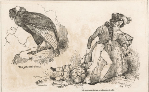 A pretty little bird, Entraining conversation, Sitting vulture and a man dragging a child behind