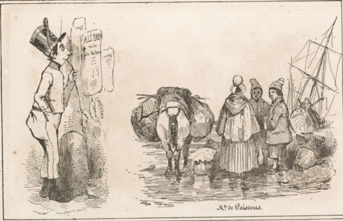 Man reading a poster and figures and pack donkey by the sea, Mds de Poissons, Small collection of