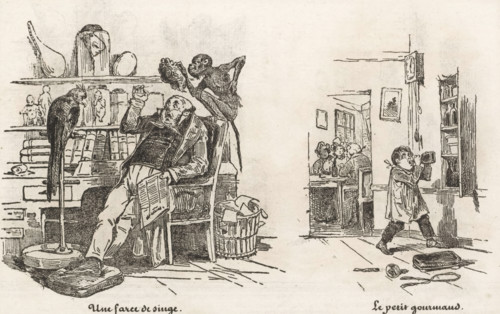 Monkey lifts the wig of a seated man and a child secretly drinks from a bottle, A monkey farce, The