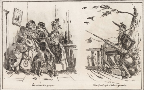 Man greeted by his family upon returning home and a hunter, Un fusil qui n'éclate jamais, Le retour