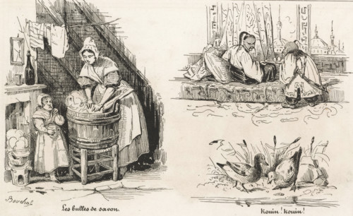 The soap bubbles, Child blowing soap bubbles, two men in Chinese costume and two ducks, Kouin!