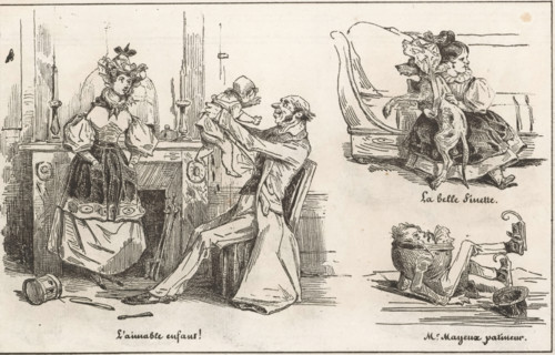 La belle Finette, Family, girl with dressed-up dog and fallen skater, L'aimable enfant!, Mr. Mayeux