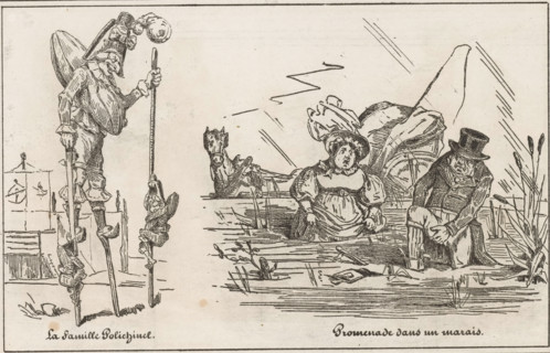Promenade in a marsh, The Polichinel family, Stilt walker and travelers stranded in a swamp, Small