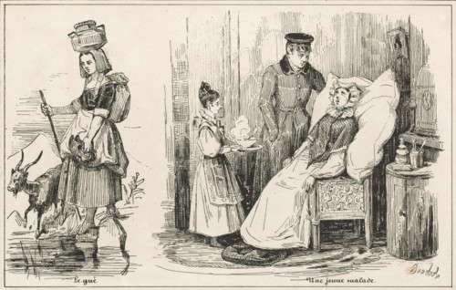 Woman with goat and sick woman in chair, Le gué, Une jeune malade, Le petit magasin d'estampes,