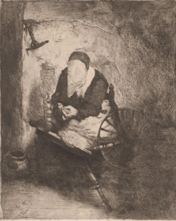 Woman at the spinning wheel, print, annotation: '1 une fileuse par Baerckmans', annotation: 'état