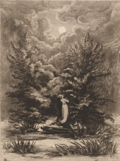 Young couple kissing by moonlight, print, annotation: 'Au clair de lune', printmaker: Edgar Alfred