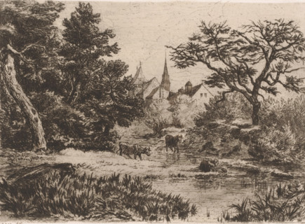 Landscape with a woman scooping water from the brook, print, printmaker: Edgar Alfred Baes (signed