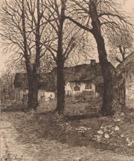 Farmhouse with three trees, print, printmaker: Emile de Baré, 1865 - 1902, paper, etching, intaglio