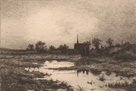 Village church in the evening, near a lake, print, printmaker: Emile de Baré, 1865 - 1902, paper,