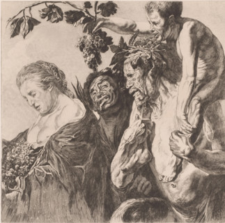 Bacchantes, satyr and woman with grapes, print, printmaker: Charles Théodore Bernier (signed by