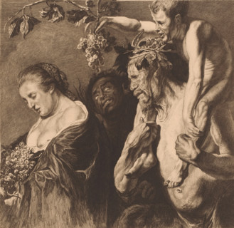 Bacchantes, satyr and woman with grapes, print, printmaker: Charles Théodore Bernier, after
