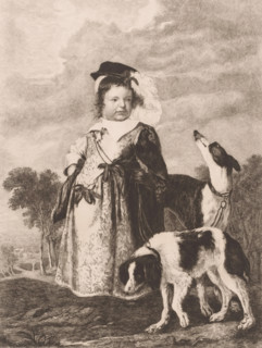 Portrait of an unknown child with two dogs, print, printmaker: Charles Théodore Bernier (signed by