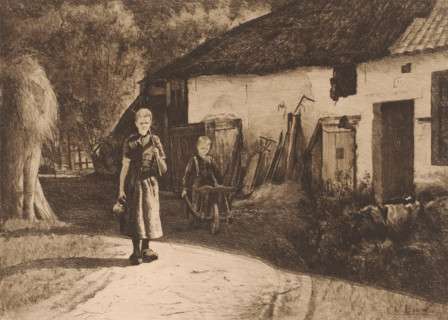 Farmyard with a girl and a boy with a wheelbarrow, Basse-cour, print, mark: 'Antwerpsche Etsers