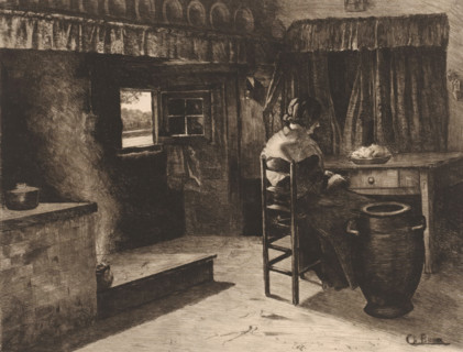 Flemish interior with a woman at the kitchen table, Intérieur Flamand, print, mark: 'Antwerpsche