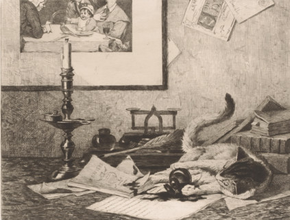 Playing cat spills an inkwell on the table, print, annotation: '3rd State', printmaker: Eduard van