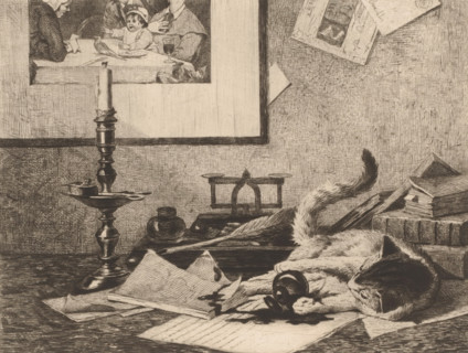 Playing cat spills an inkwell on the table, print, annotation: '5th and last state', printmaker: