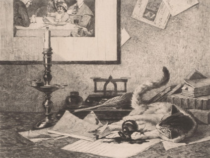 Playing cat spills an inkwell on the table, print, printmaker: Eduard van den Bosch, printer