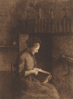 Old woman cutting a slice of bread, print, annotation: 'Imp. Van Campenhout', printmaker: Herman