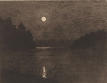 Moonlight on a lake surrounded by trees, print, printmaker: Herman Boulenger (signed by artist),