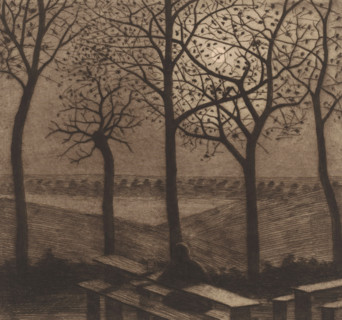 Figure at a picnic table in a moonlit landscape with bare trees, print, annotation: '10th Etat',