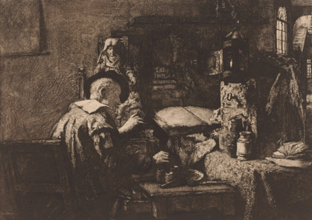Artist at work in his studio, The painting re-tester, print, mark: 'Antwerpsche Etsers 1880',