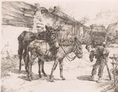 Man shouting at two donkeys, print, annotation: '1st state', printmaker: Léon Brunin (signed by