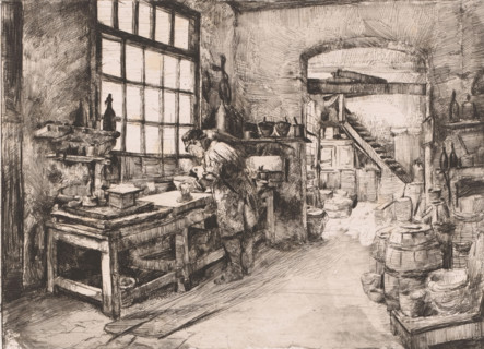 Color preparer at work in a studio, print, annotation: '1 state', printmaker: Léon Brunin (signed