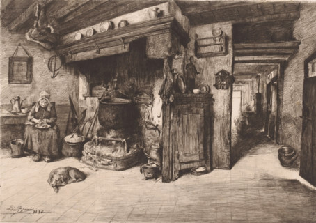 Old farmer's wife in the kitchen, print, annotation: 'Interieur de ferme a Calmpthout', mark: