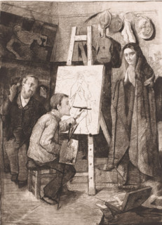 Painter, his model and an art lover in the studio, L'artiste, son modèle & l'amateur, print,