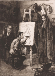 Painter, his model and an art lover in the studio, L'artiste, son modèle et l'amateur, print,