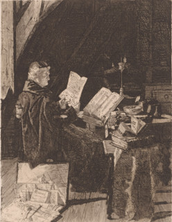 Clergyman studying ancient writings, print, annotation: 'Etat', printmaker: Constant De Bruyne,