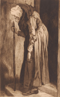 Old woman leaning on a cane in a doorway, print, annotation: 'vieille femme d'apres Grou.',