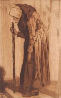 Old woman leaning on a cane in a doorway, print, annotation: 'une epreuve 1er état', printmaker: