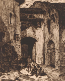 Cityscape with three children playing in the street, under the watchful eye of two women, print,