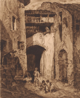 Cityscape with three children playing in the street, under the watchful eye of two women, print,