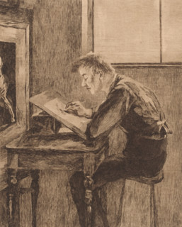 Draughtsman bent over his work, print, annotation: '1er état', printmaker: Florimond Buyck (signed