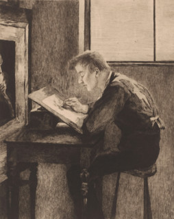 Draftsman bent over his work, print, annotation: '2 etat', annotation: 'Le dessinateur',
