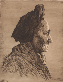 Portrait of an unknown old woman, in profile, print, annotation: 'unique proof', annotation: