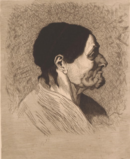 Portrait of an unknown old woman, in profile, print, annotation: '2 eupreuves MC', annotation: '2me