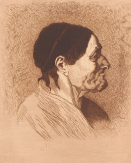Portrait of an unknown old woman, in profile, print, annotation: '3rd state', annotation: '2 proofs