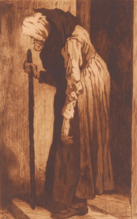 Old woman leaning on a cane in a doorway, print, annotation: '2 epreuves', printmaker: Mary Hector