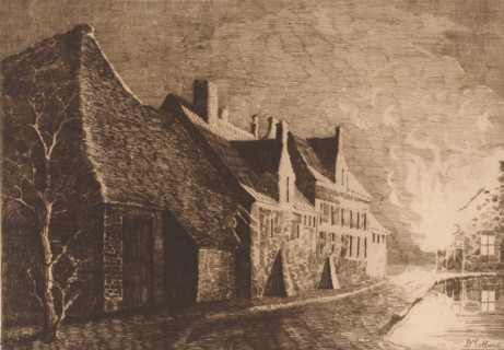 Village view with burning house, print, mark: 'Antwerpsche Etsers 1880', printmaker: Armand