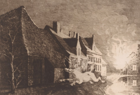 Village scene with horse fleeing from a fire, print, printmaker: Armand Collard, 1848 - 1909,