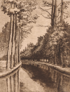 View of the Herentals Canal with a reclining dog below, print, printmaker: Armand Collard, 1848 -
