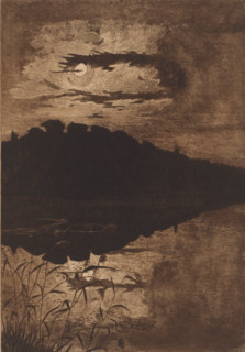 Water by moonlight, print, Reflection of the landscape in the water by moonlight. Two swans are