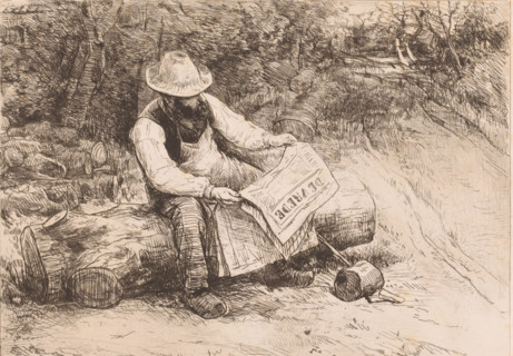 Woodcutter reading on a tree stump in the forest, print, mark: 'Antwerpsche Etsers 1880',