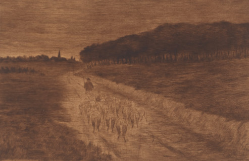 Flock of sheep with shepherd on a heath road, print, annotation: '2eme etat, deux epreuves',