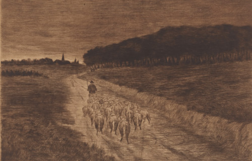 Flock of sheep with shepherd on a heath path, print, annotation: '3eme etat, 3 epreuves de cet